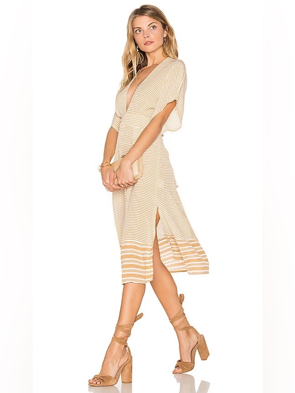 Faithfull the Brand Mustang Beige Midi Dress in Camp Cove Stripe Print. Size 4.